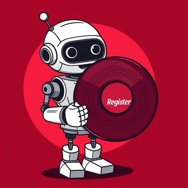 Smiling robot with a vinyl record that says Register