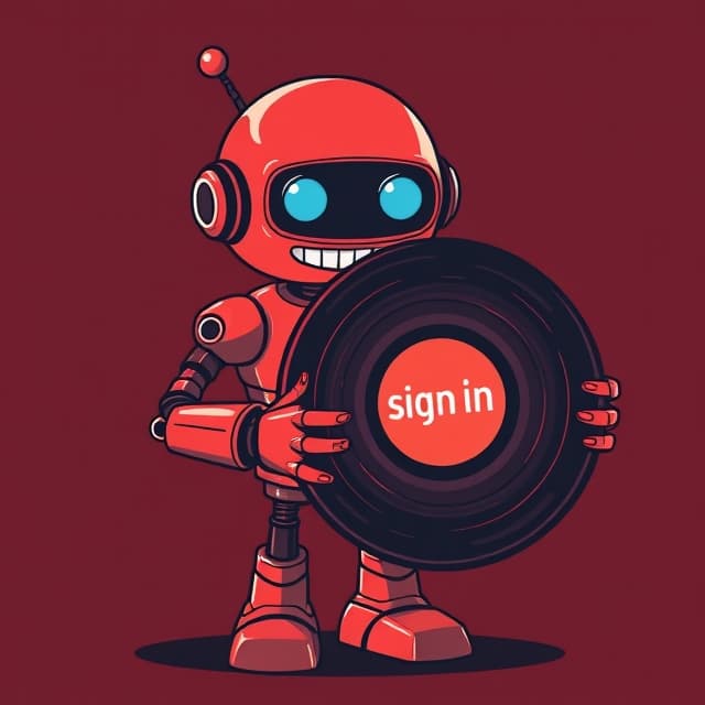 Smiling robot with a vinyl record that says Sing in